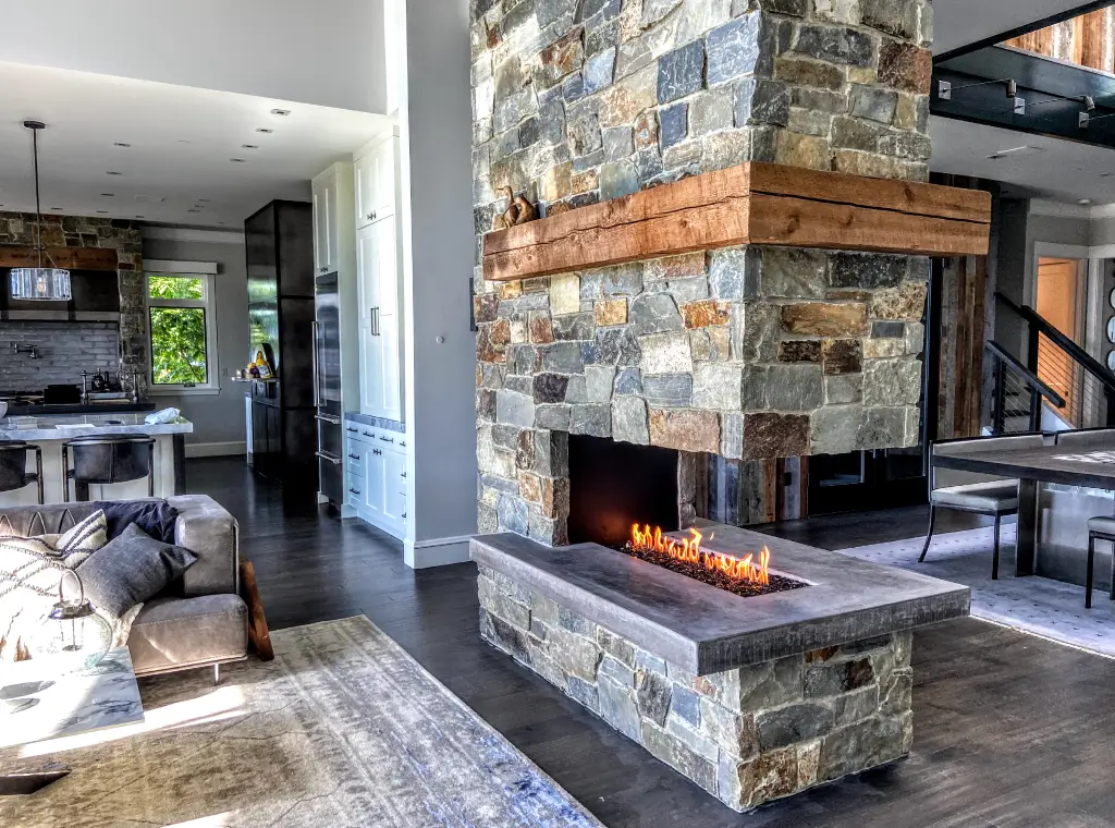 Custom Open Peninsula Gas Fireplace with Black Reflective-Glass