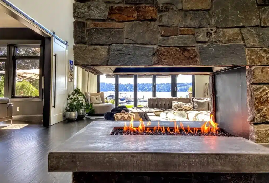 Gas Fireplace Peninsula Stone Cabin Residential Hospitality
