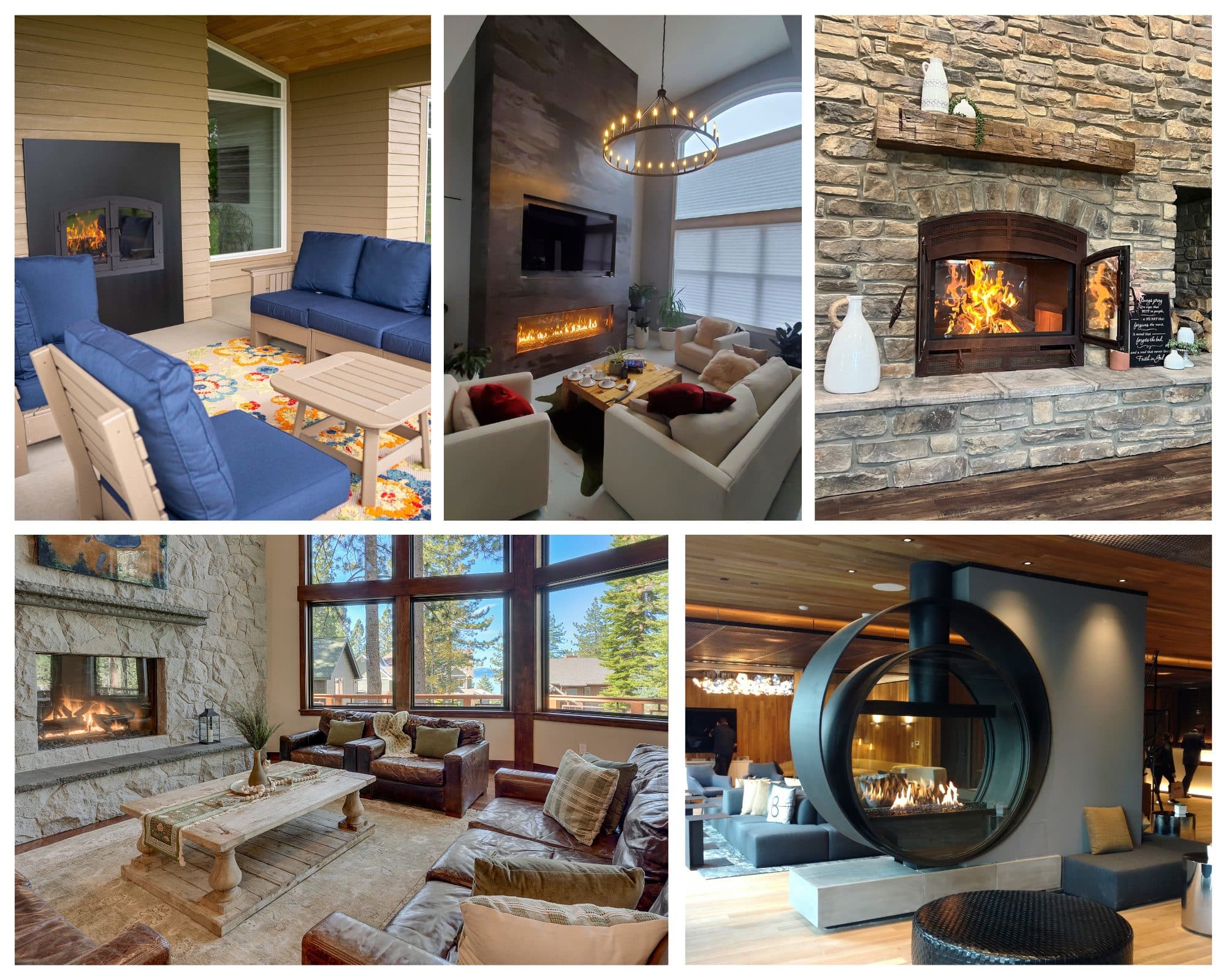 a collage of luxury gas fireplaces and wood fireplaces