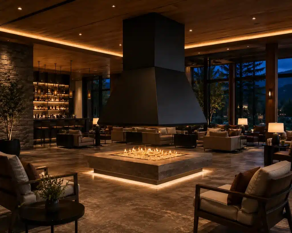 Four-Sided Open Gas Fireplace Suspended four-sided Blaze Open fireplace installed in a luxury hospitality environment.