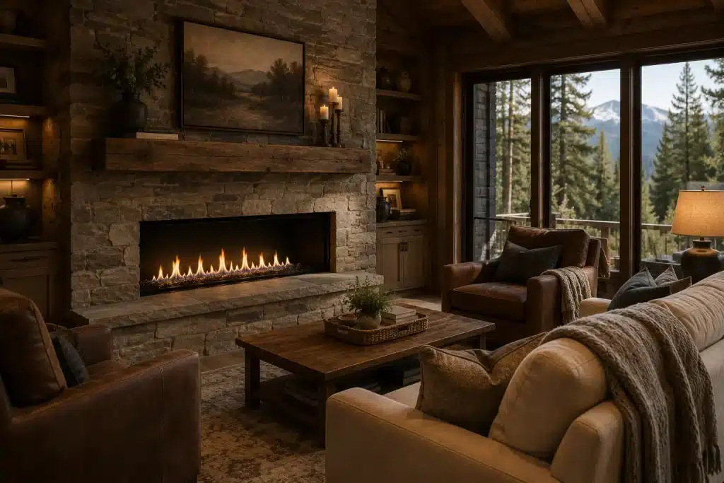 Modern single-sided fireplace integrated into a stone feature wall.