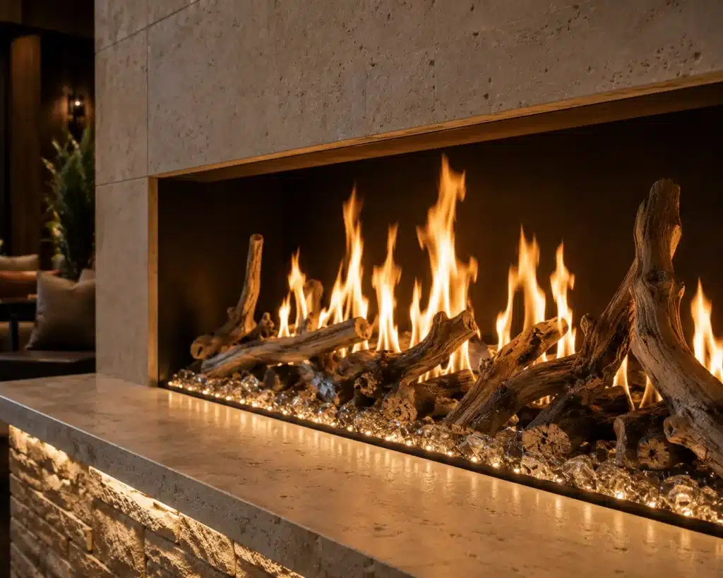 Decorative Glass Media Fireplace Design Linear gas fireplace featuring decorative glass media and accent lighting.