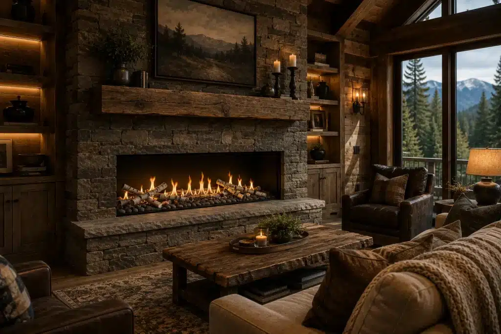 Birch Log Fireplace Media Linear fireplace styled with decorative birch logs and stone media