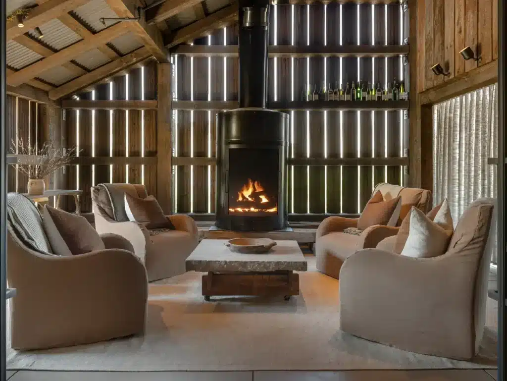 Acucraft custom outdoor single-sided gas fireplace with firescreen and log set in a rustic covered room