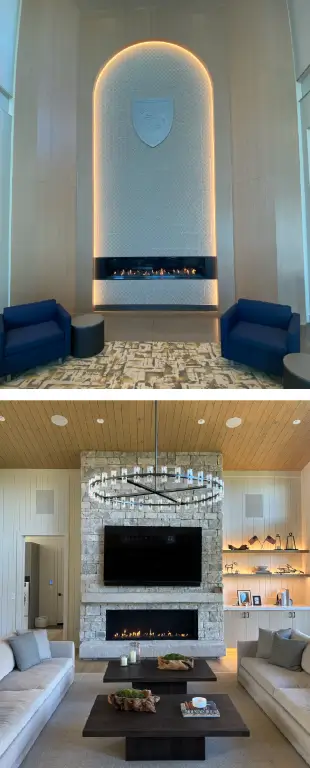 Two Acucraft gas fireplace feature walls showing lighting, stone, seating and TV integration