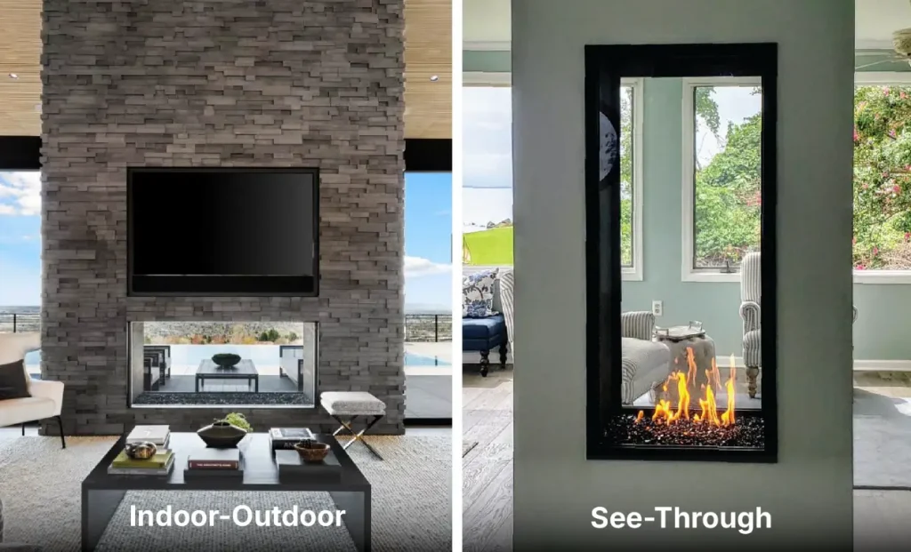 Side-by-side comparison of an indoor-outdoor gas fireplace and a see-through gas fireplace