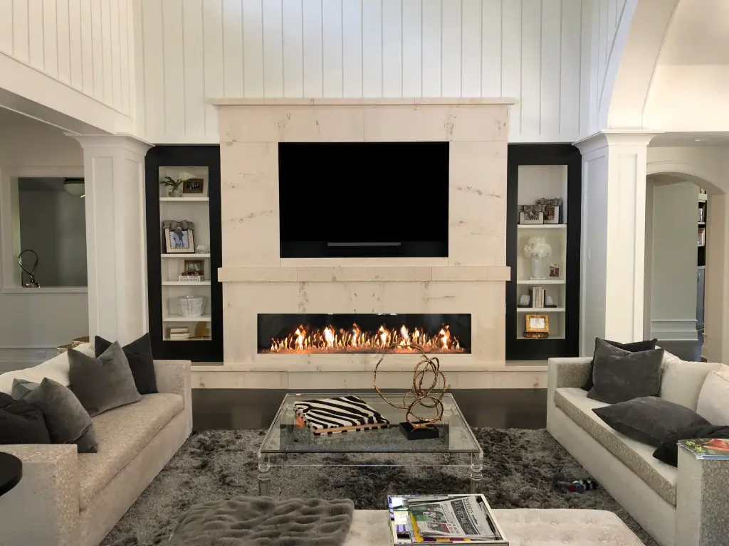 Acucraft Signature Series 8-foot single-sided linear gas fireplace in a bright great room