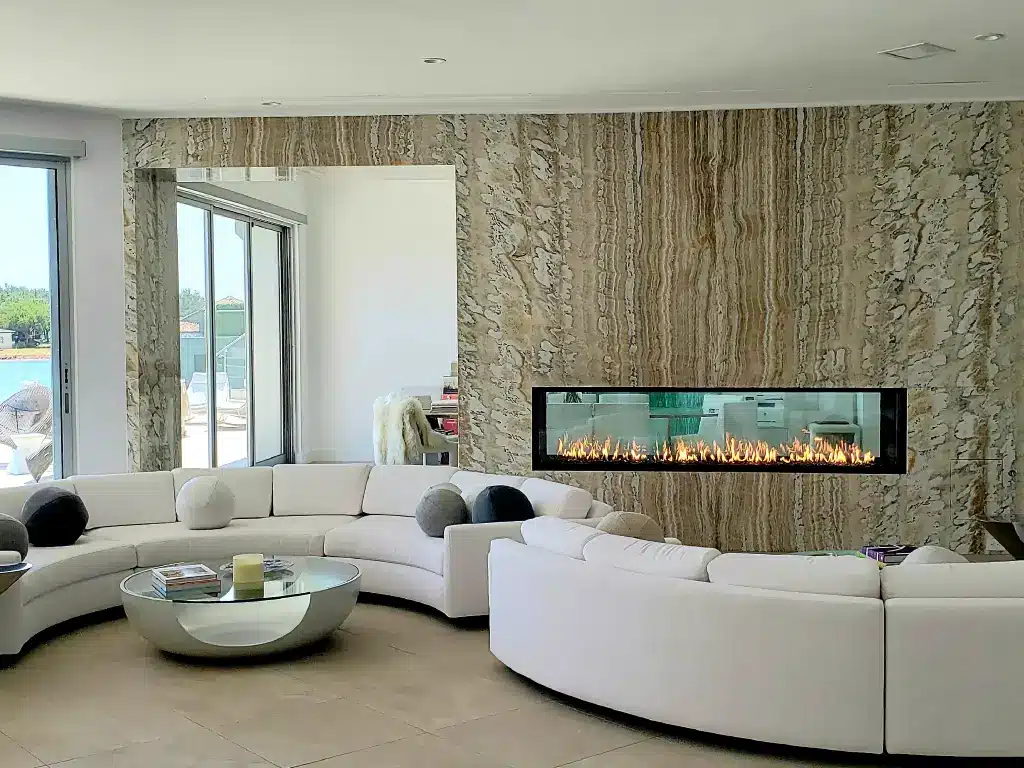 Acucraft Signature Series 8-foot see-through linear gas fireplace in a contemporary living room