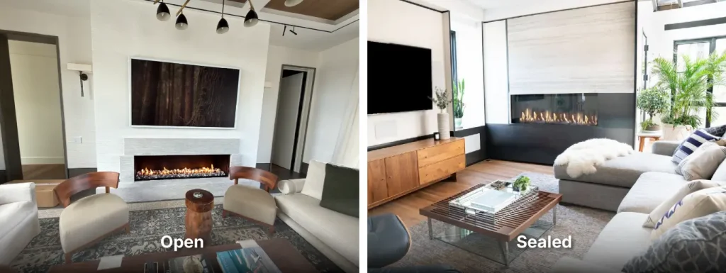 Side-by-side comparison of open and sealed Signature Series gas fireplace viewing areas