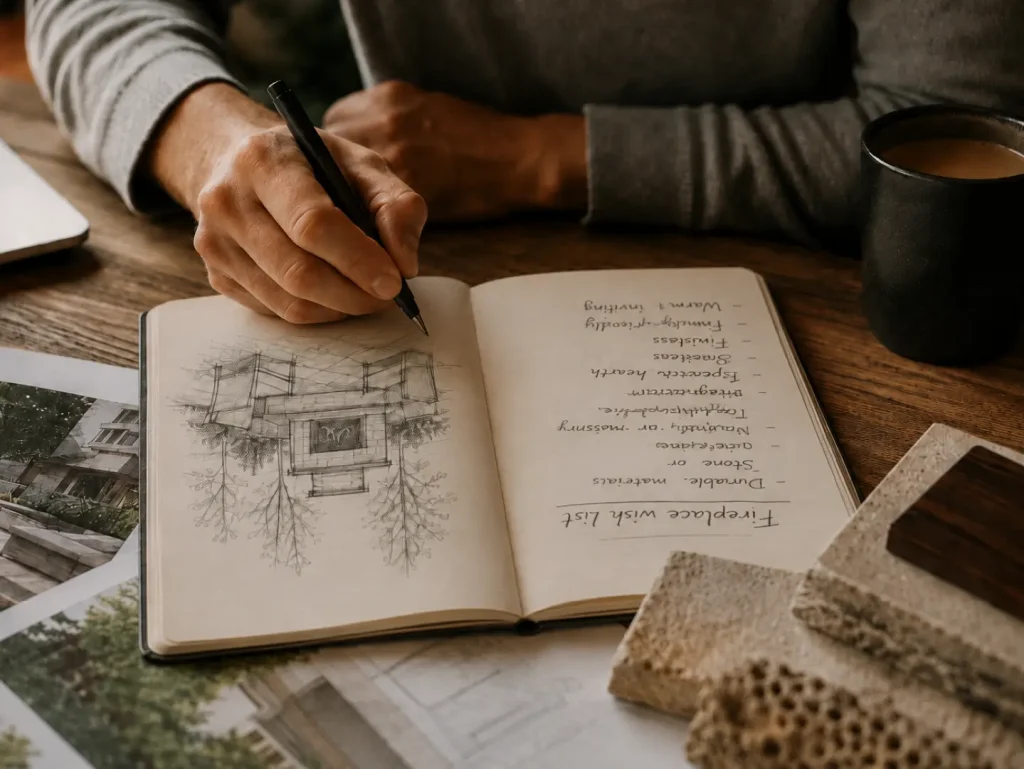 Designer sketching an outdoor room and fireplace plan with material samples