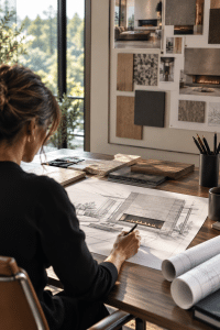 Architect designing a custom modern fireplace for a luxury home.