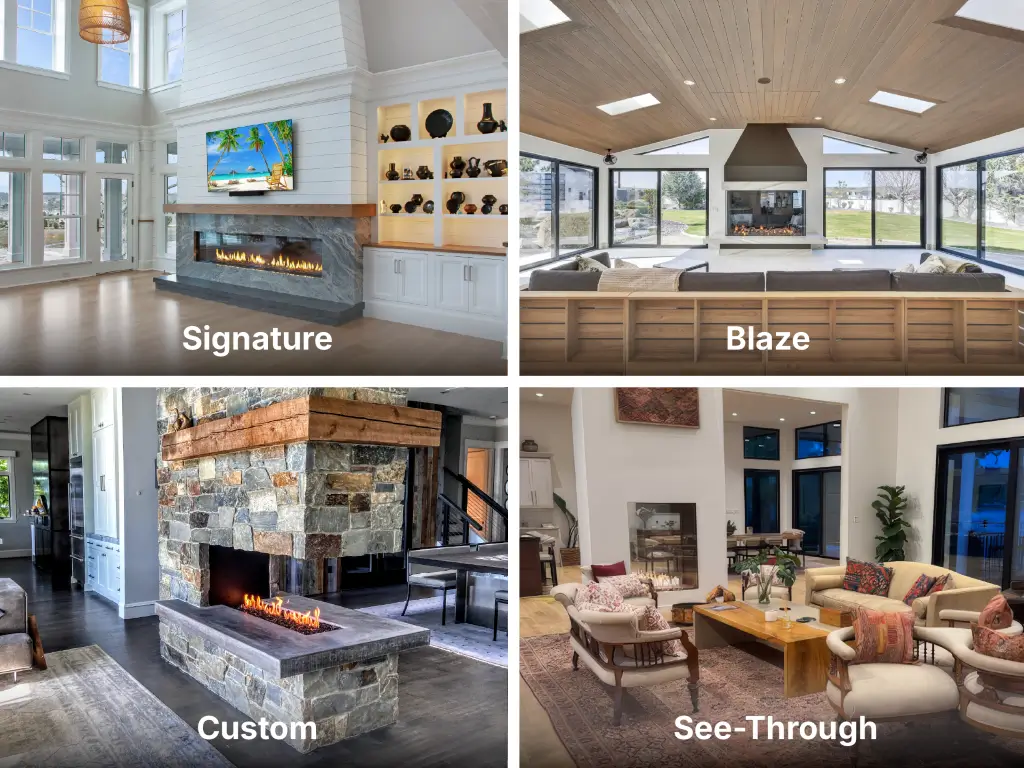 Comparison of Signature, Blaze, custom, and see-through gas fireplace installations
