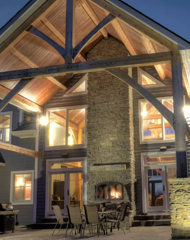Exterior view of an Acucraft Hearthroom 44 indoor-outdoor wood fireplace