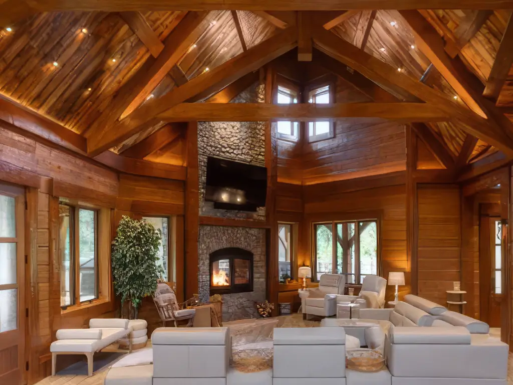 Acucraft Hearthroom 44 single-sided wood-burning fireplace in a timber great room