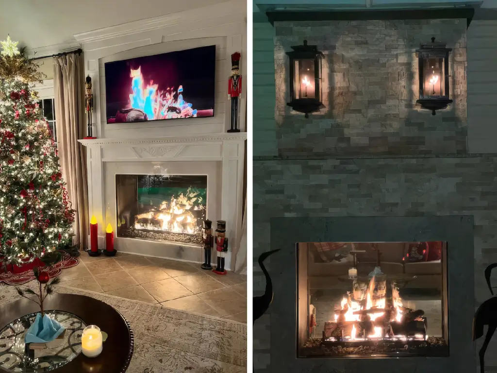 Side-by-side indoor and outdoor views of an Acucraft Timeless gas fireplace
