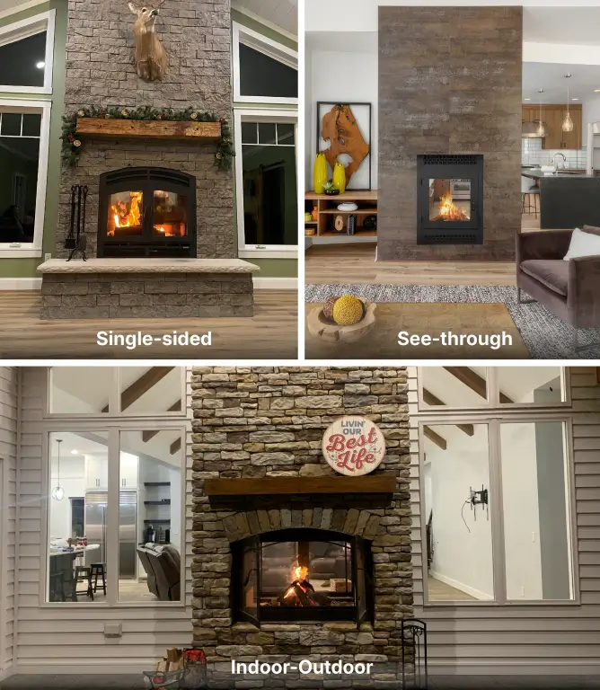 Acucraft single-sided, see-through, and indoor-outdoor wood fireplace styles