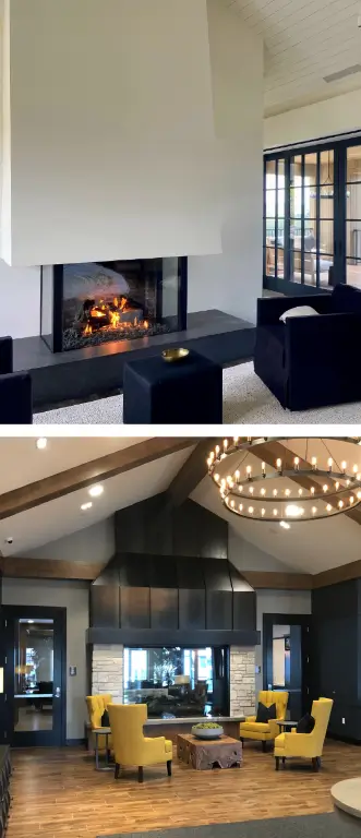 Comparison of a compact fireplace in a smaller room and a large fireplace in a tall room