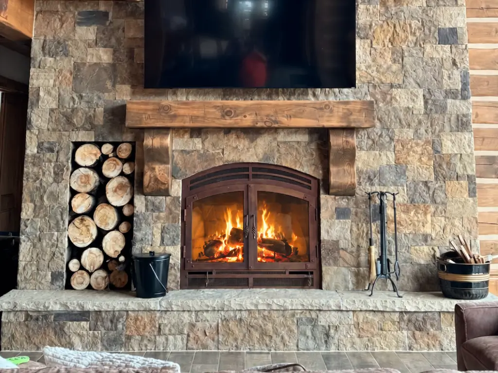 Acucraft wood-burning fireplace set in a tall stone lodge wall