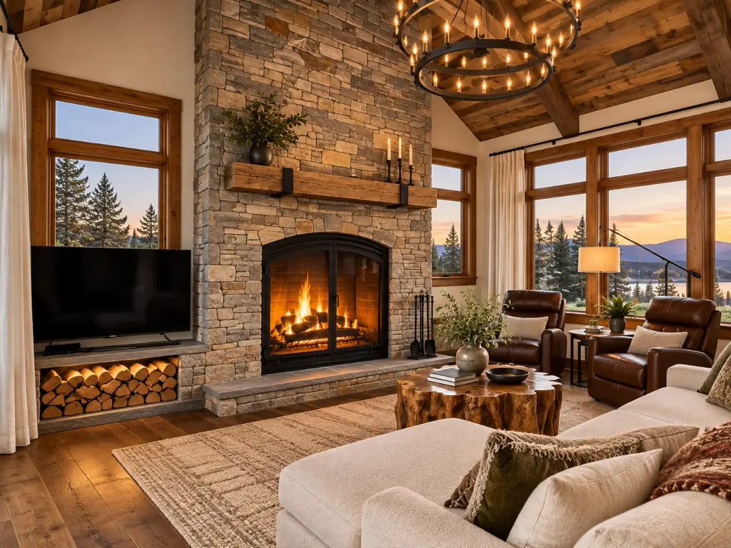 Acucraft Hearthroom wood-burning fireplace in a vaulted lodge living room