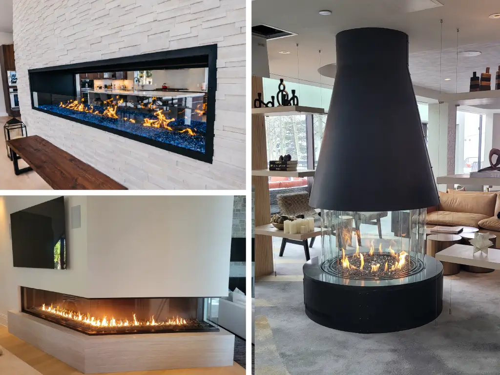 Three Acucraft fireplace designs showing a linear see-through fireplace, a corner fireplace and a circular fireplace.