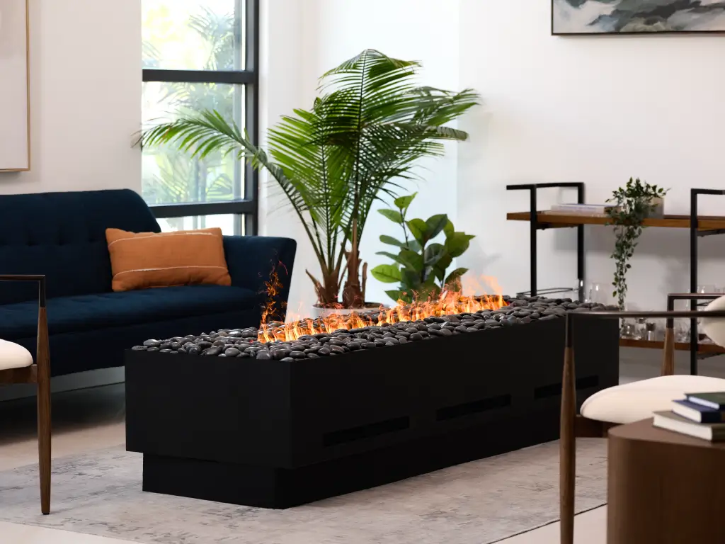 Linear water vapor fireplace in an open living room with contemporary seating.