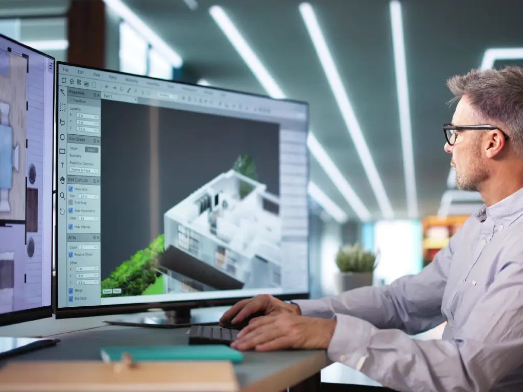 Architect reviewing a building model and design plans on a computer screen.