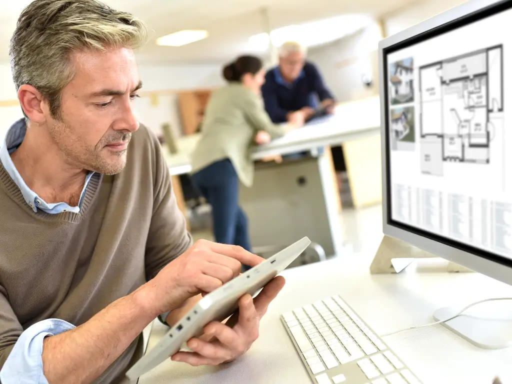 Designer reviewing architectural plans for a water vapor fireplace project.