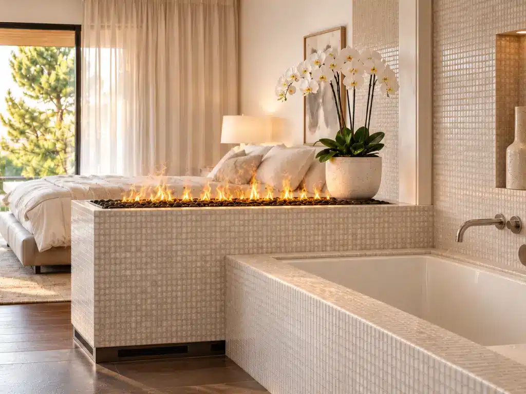 Water vapor fireplace dividing a luxury bedroom and bathroom suite.