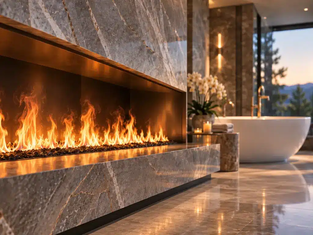 Linear water vapor fireplace in a marble luxury bathroom with a soaking tub.