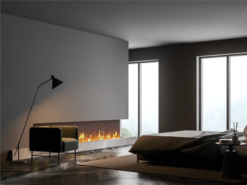 Water vapor fireplace set into the wall of a modern bedroom suite.