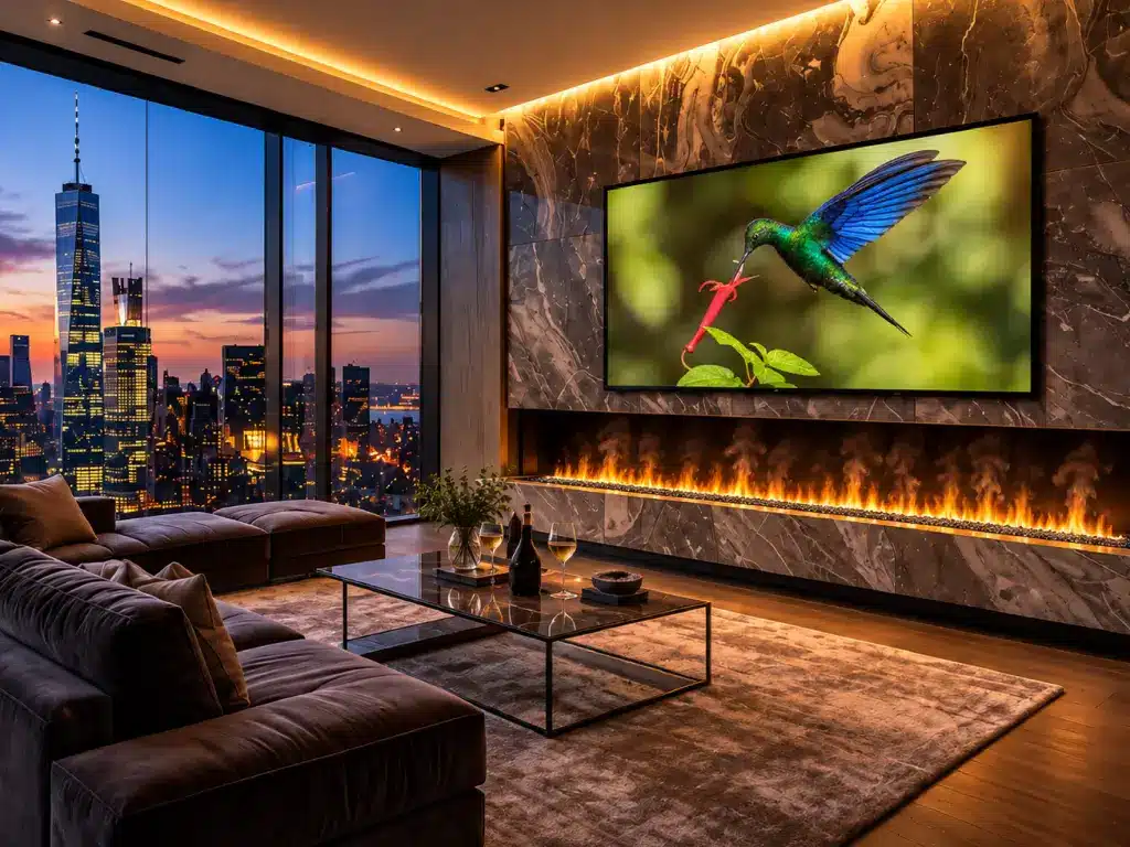 Water vapor fireplace beneath a wall-mounted display in a luxury condo living room.