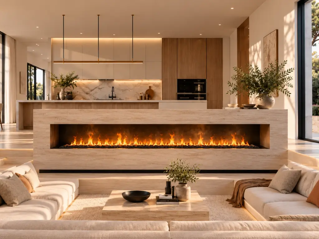 Long linear water vapor fireplace integrated into a minimalist luxury living room.